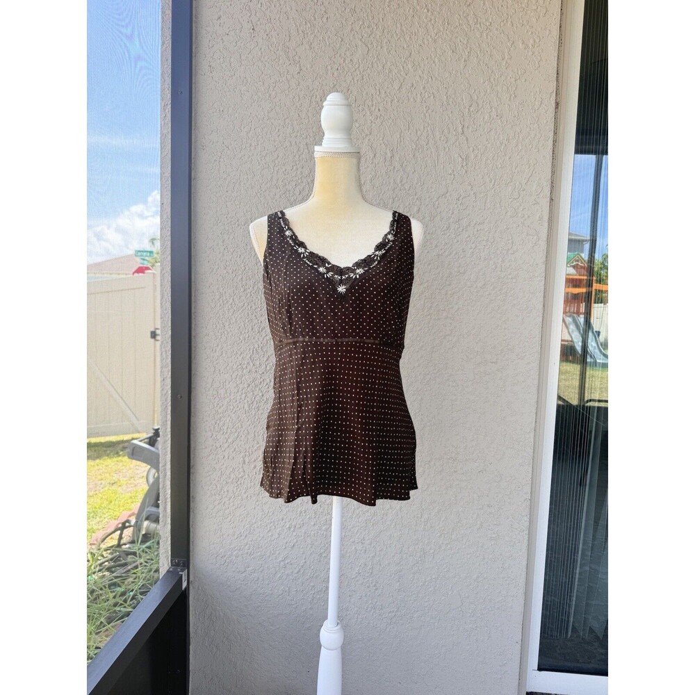 VTG Y2K Nine West Silk Tank 6 Lace Crochet Beaded Sequins Brown Polka Dots Top